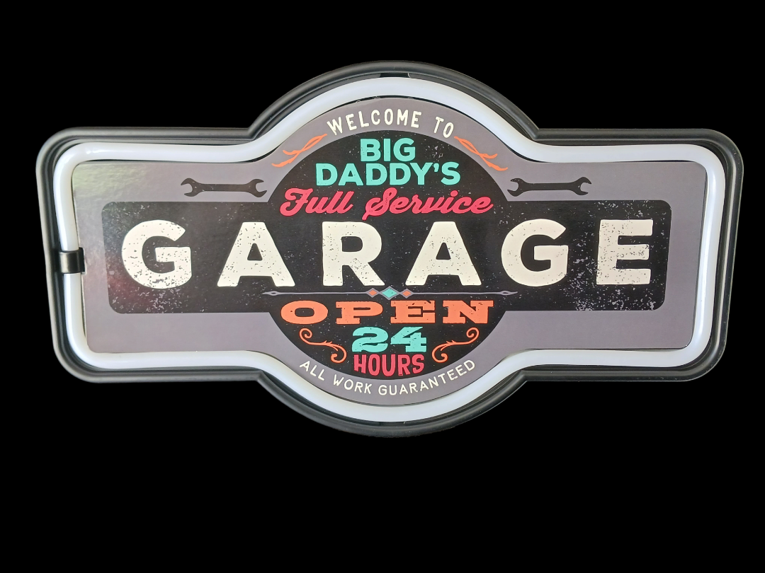 Marquee shape, "Big Daddy's Garage" 17" neon rope sign.